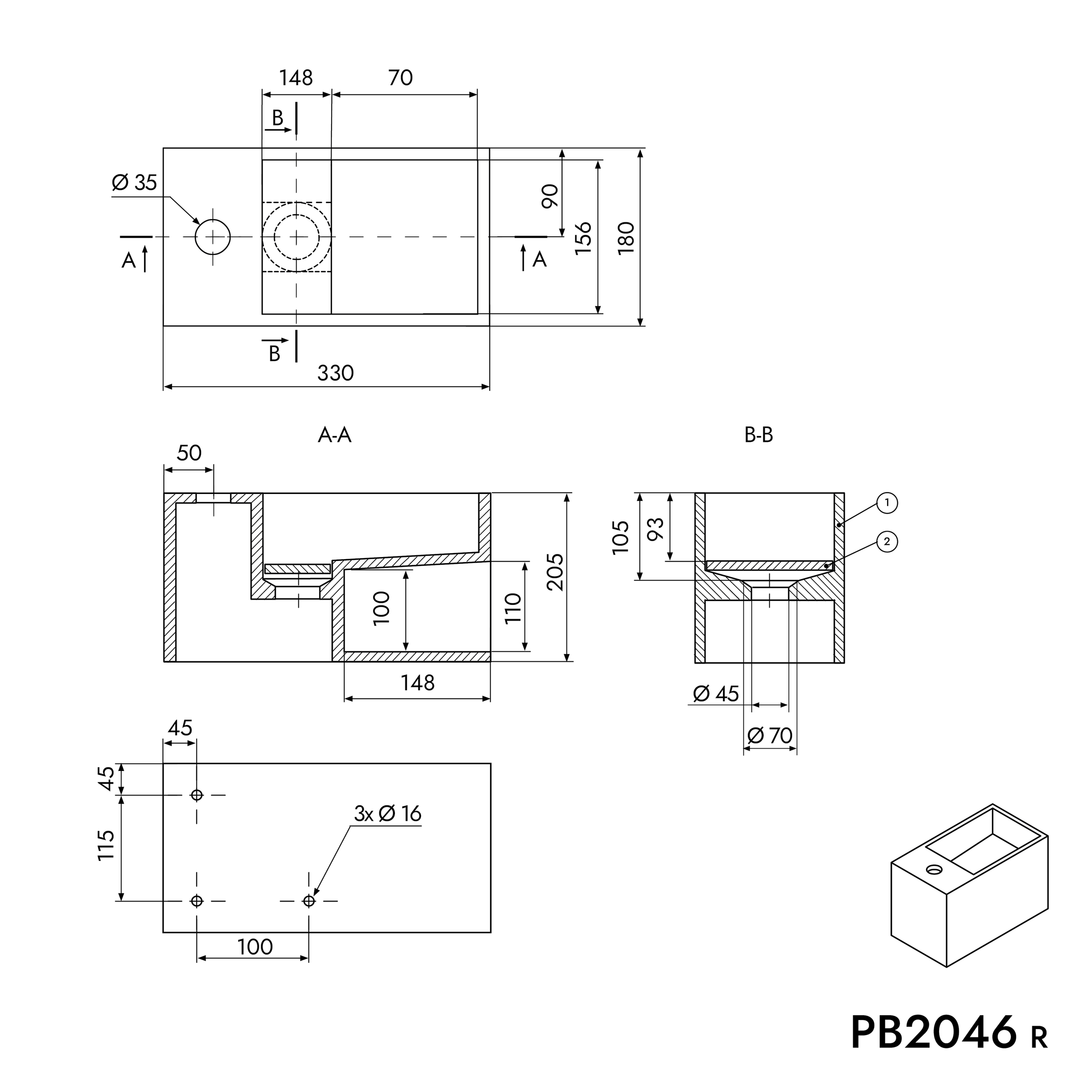 Væghængt håndvask PB2046 af mineralstøbt - 33 x 18 x 20,5 cm