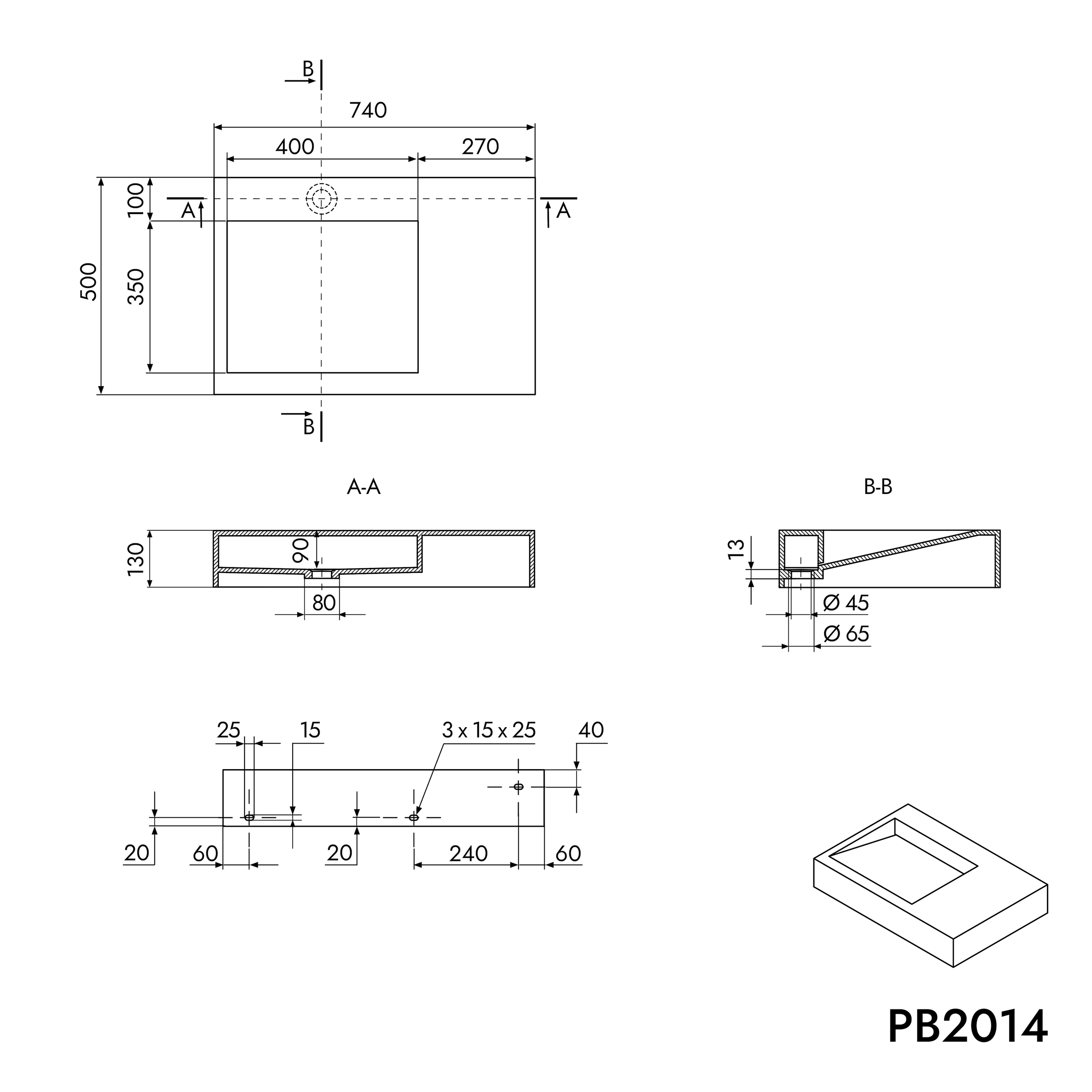 PB2014 væghængt håndvask i mineralstøbning