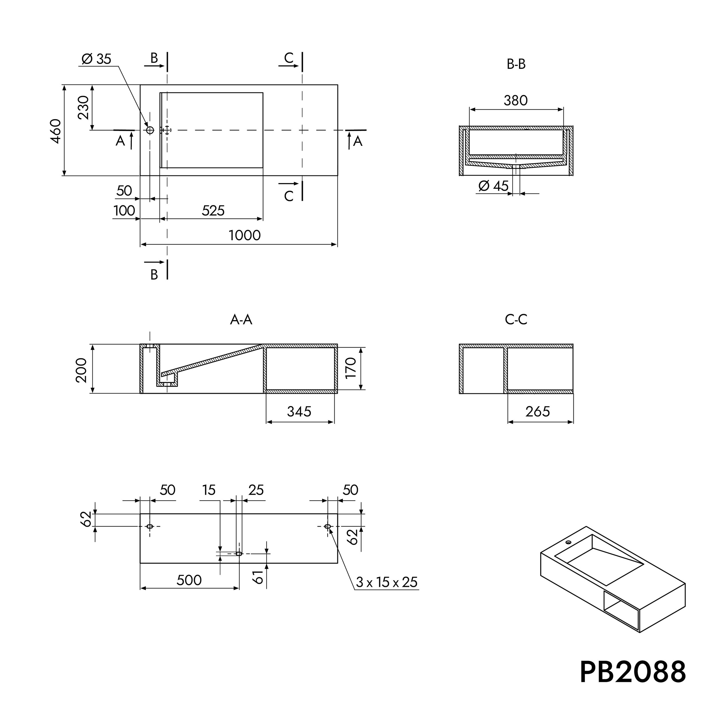 Væghængt håndvask PB2088 i mineralstøbning