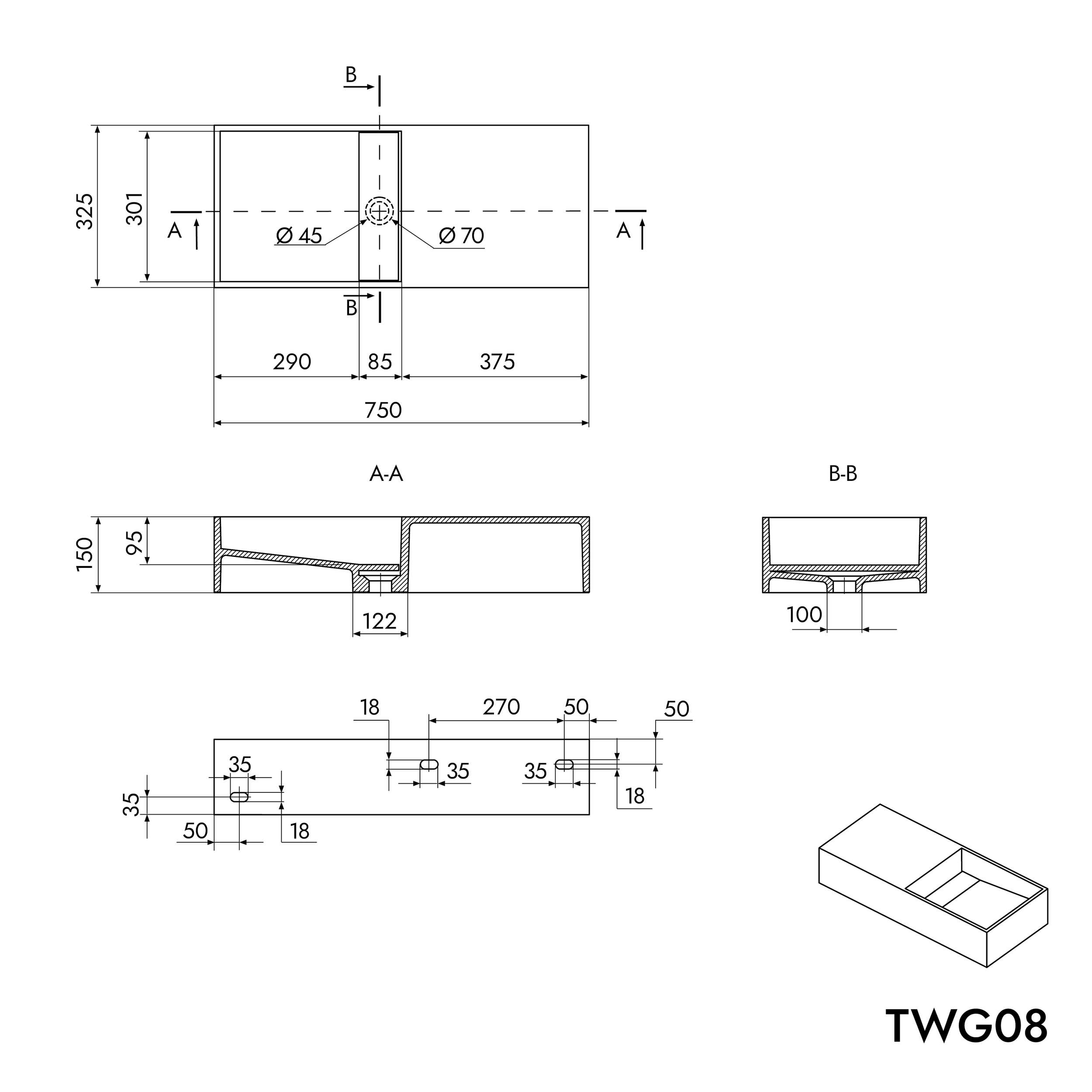 TWG08 væghængt håndvask i mineralstøbning
