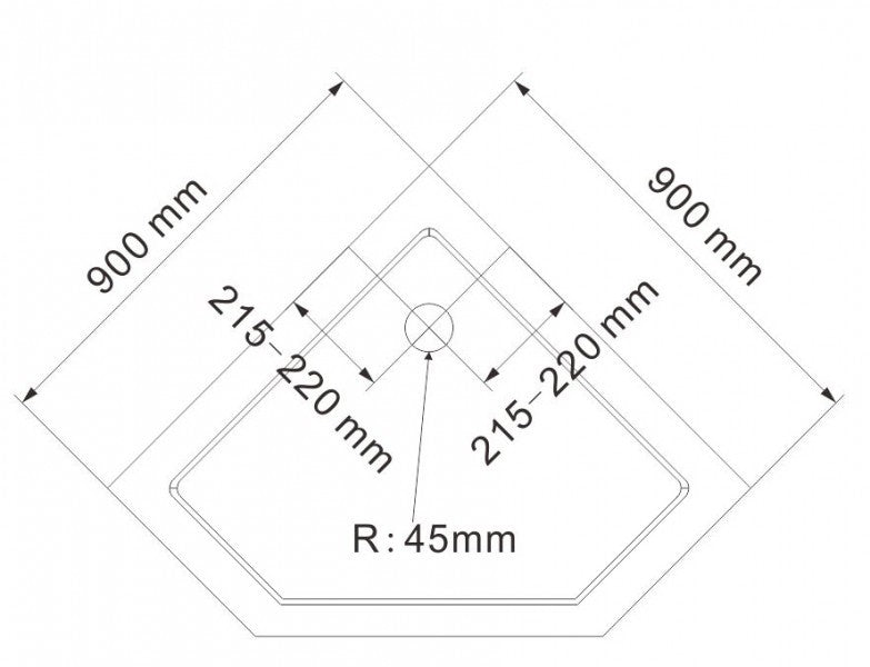 Femkantet brusebad - 90 x 90 cm og afløbssystem