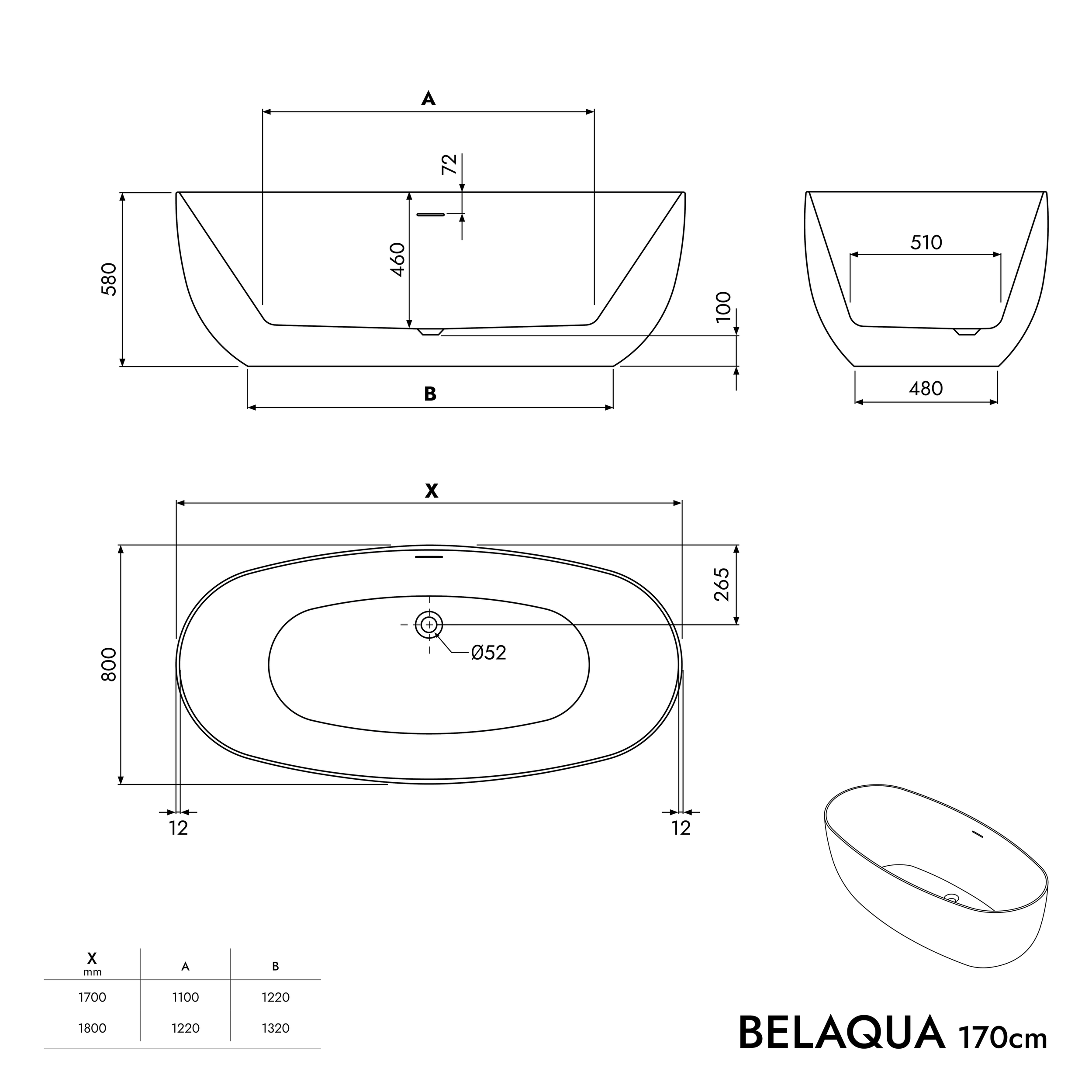 Fritstående badekar BELAQUA 2.0 akryl hvid skinnende