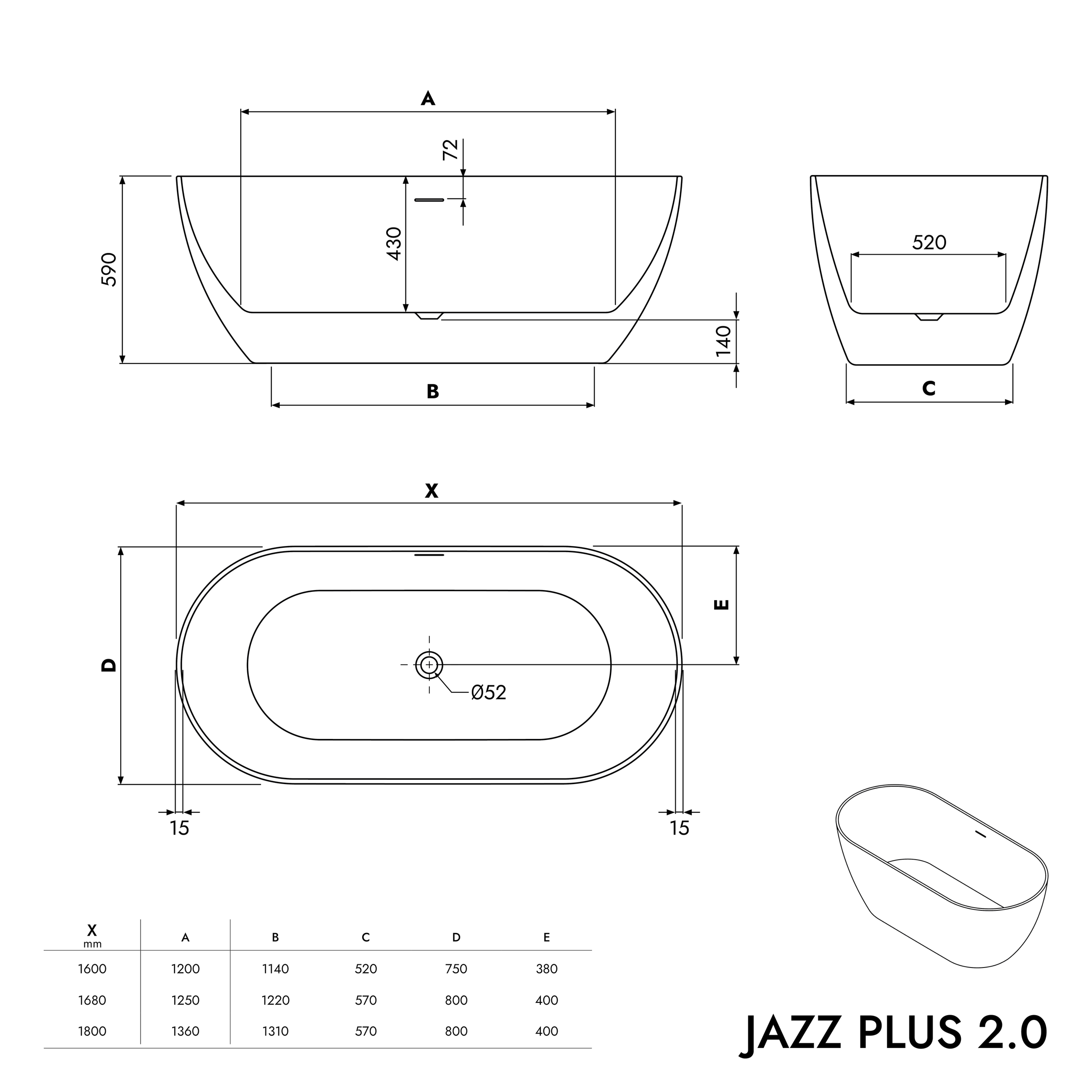 Fritstående badekar JAZZ PLUS 2.0 akryl hvid mat
