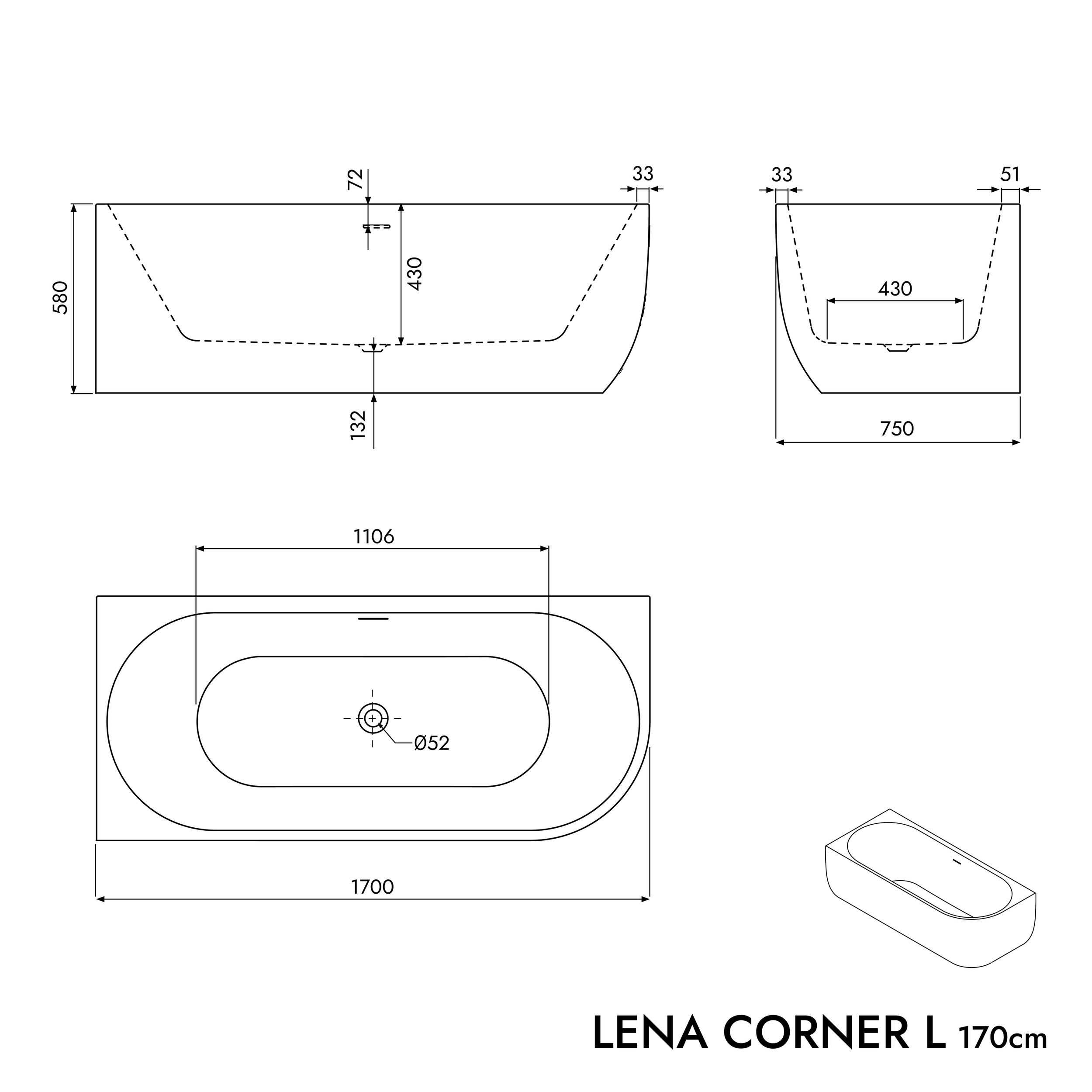 Halvt fritstående badekar LENA CORNER