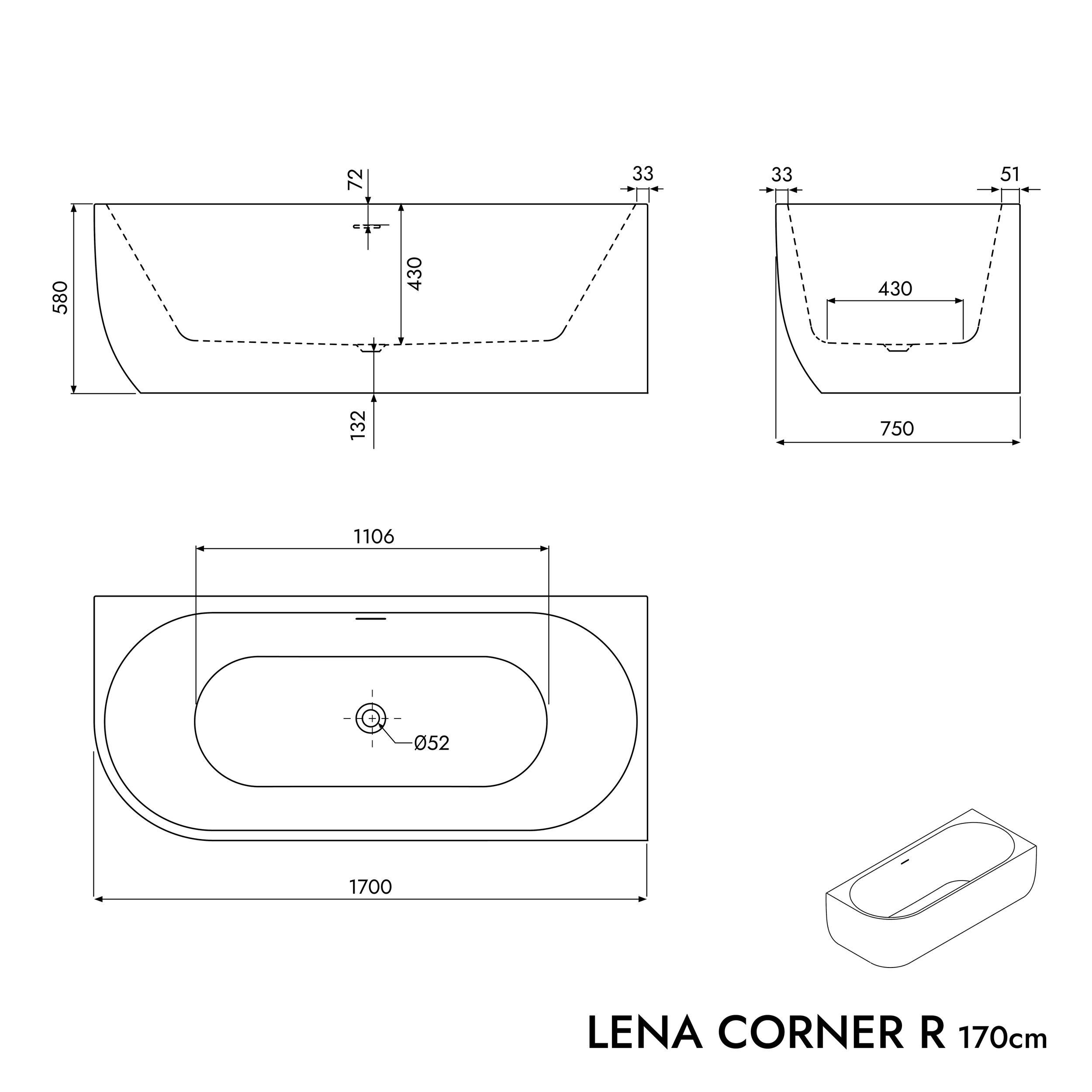 Halv fritstående badekar LENA CORNER