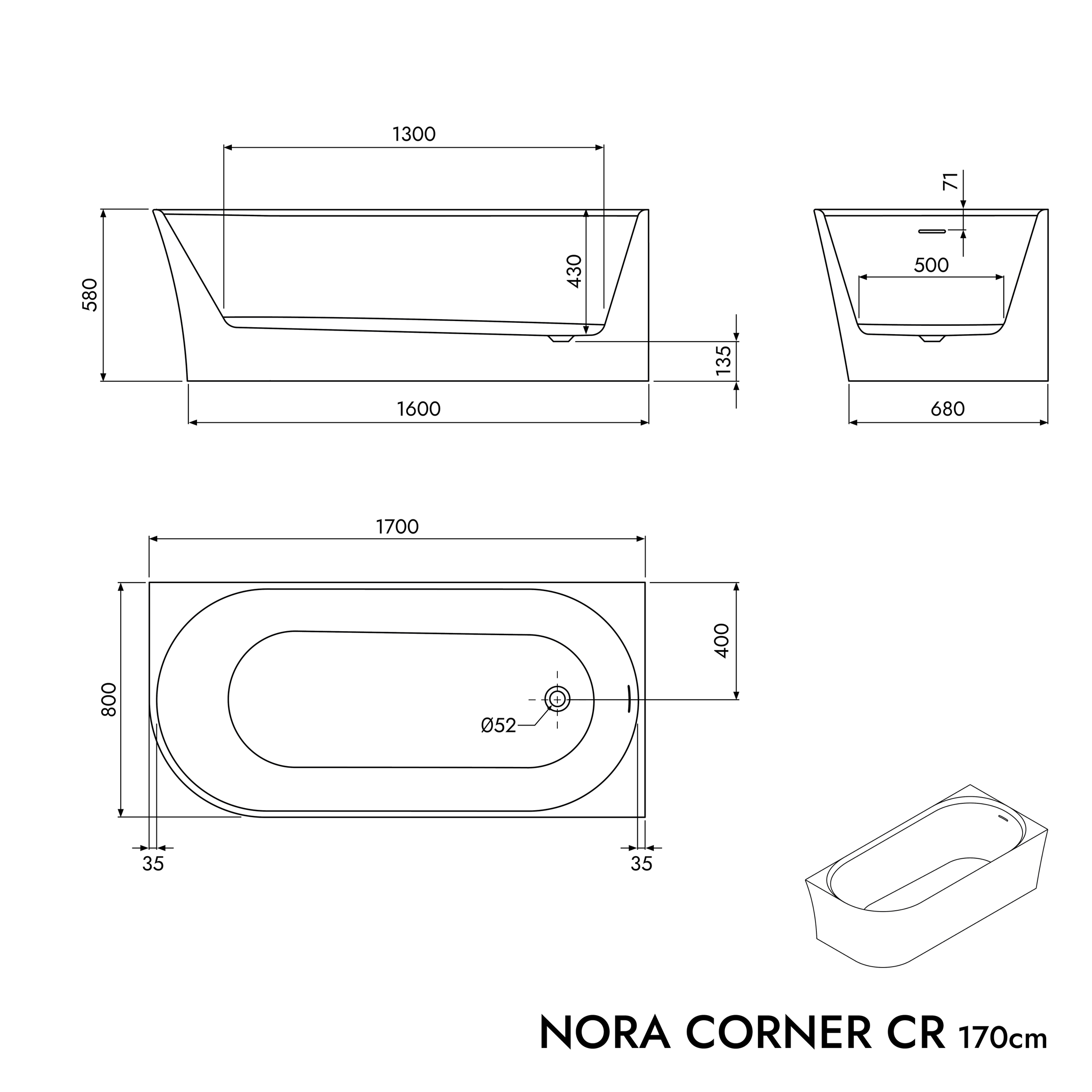 Halvfritstående pladsbesparende badekar NORA CORNER Akryl 