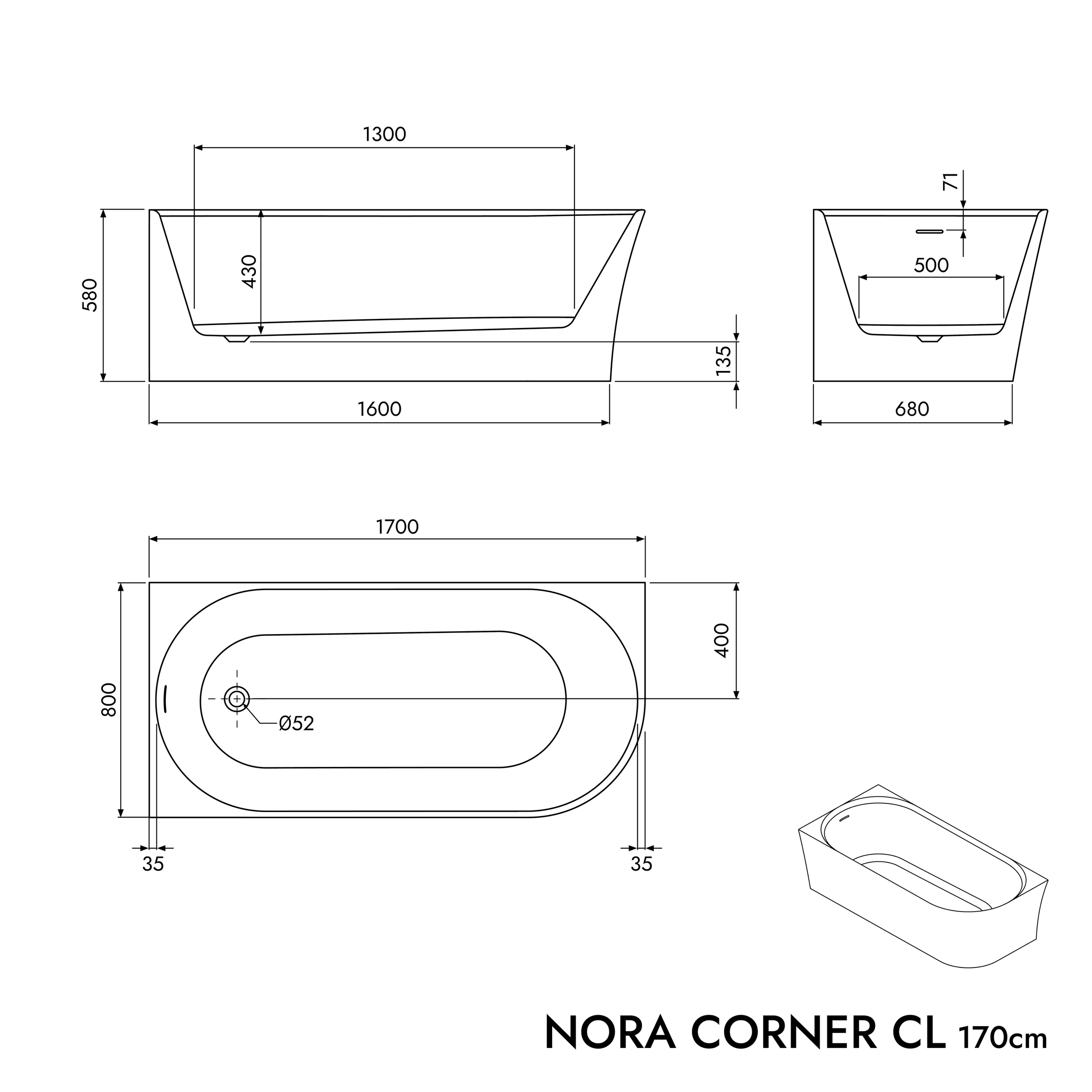 Halvt fritstående pladsbesparende badekar NORA CORNER akryl hvid mat