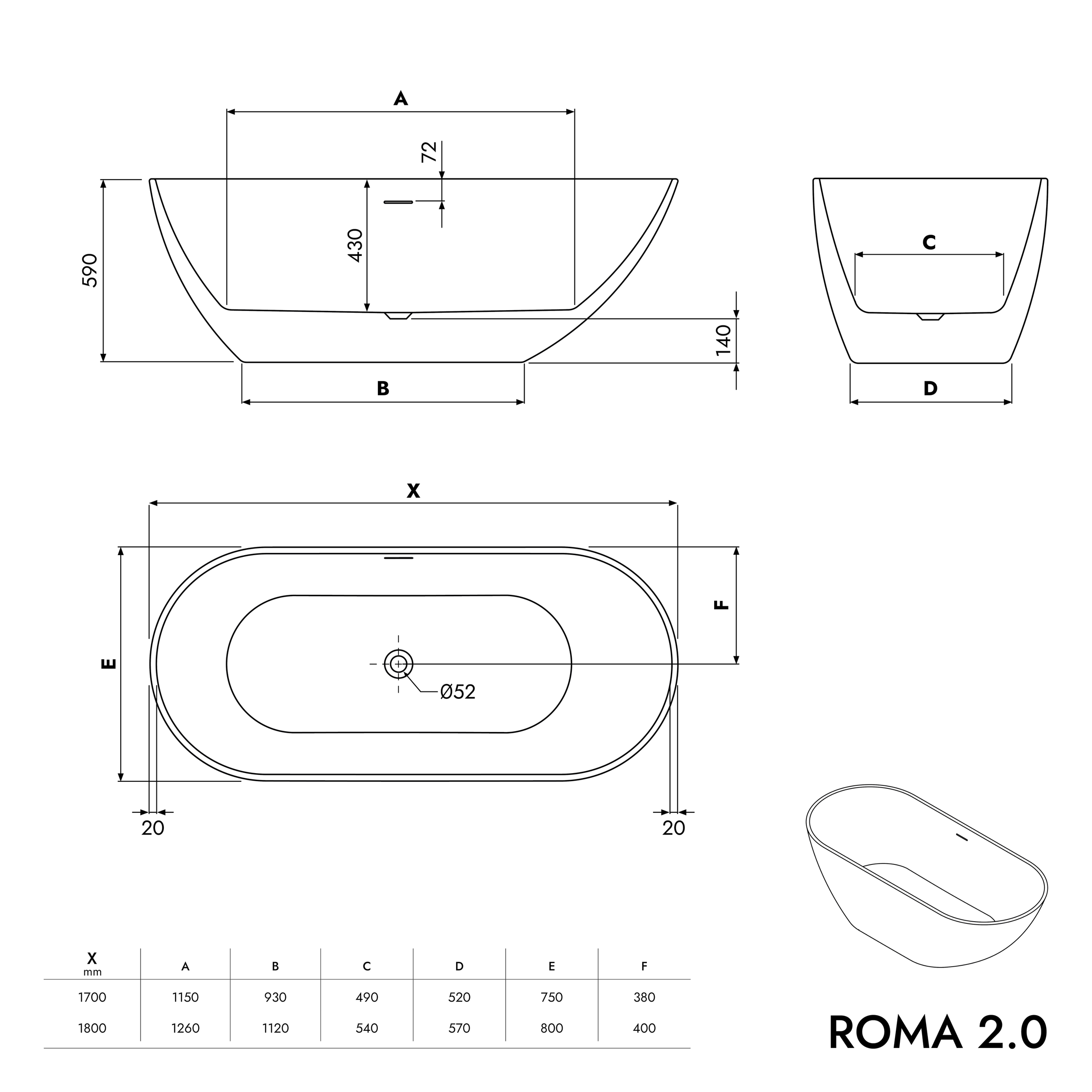 Fritstående badekar ROMA 2.0 akryl