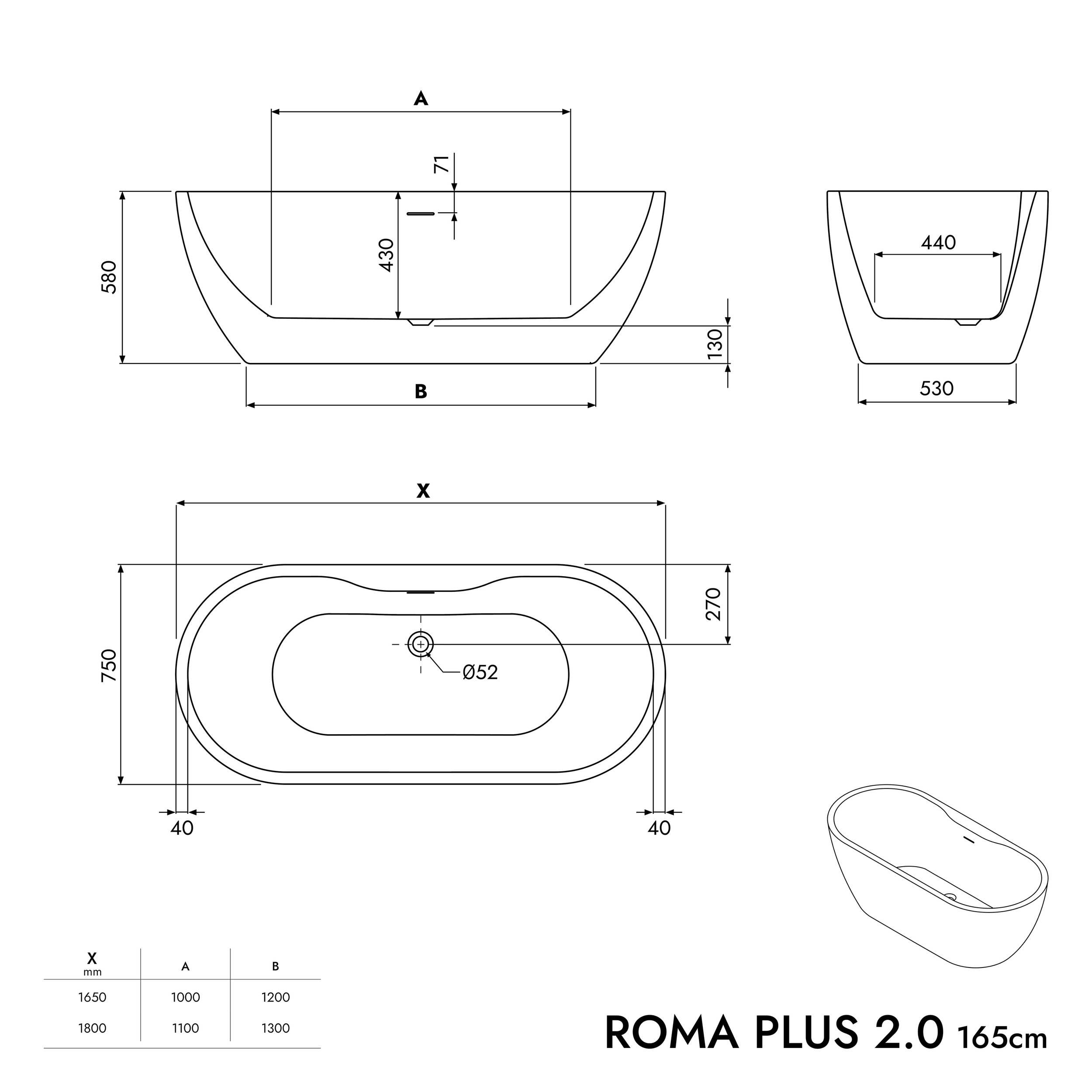 Fritstående badekar ROMA PLUS 2.0 akryl