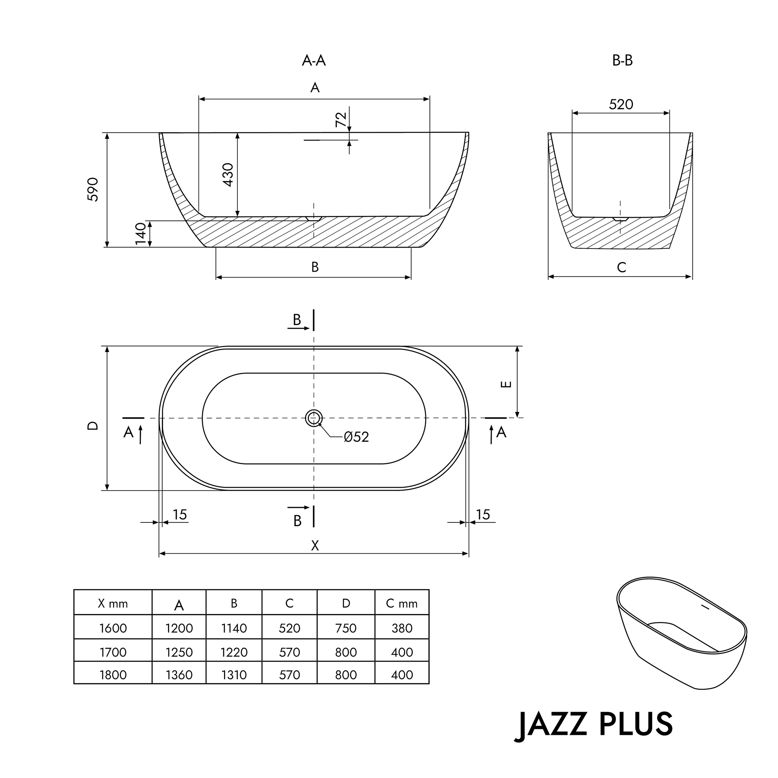 Fritstående badekar JAZZ PLUS 2.0 Akryl
