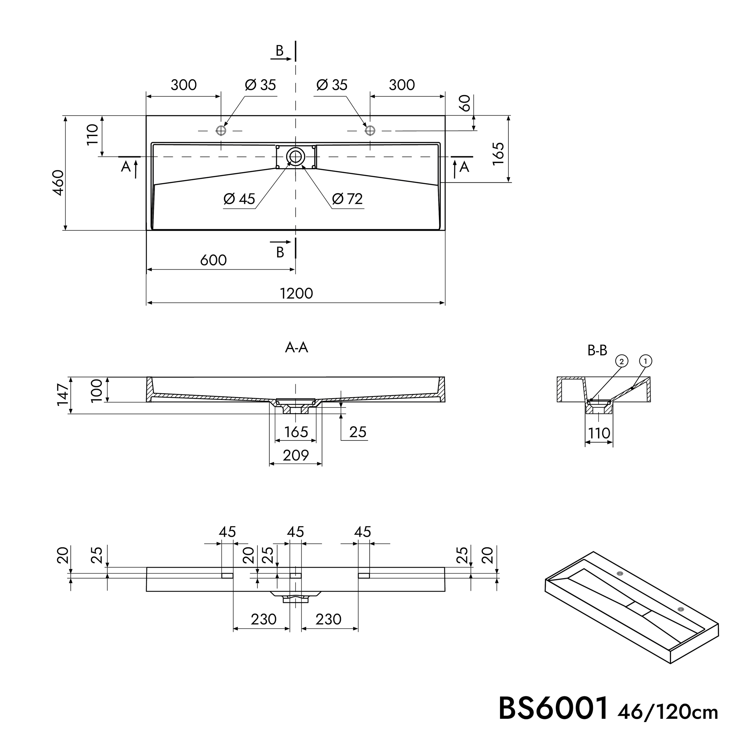 Væghåndvask/håndvask til topmontage BS6001 - hvid - 2 huller til armatur - bredde 120 cm