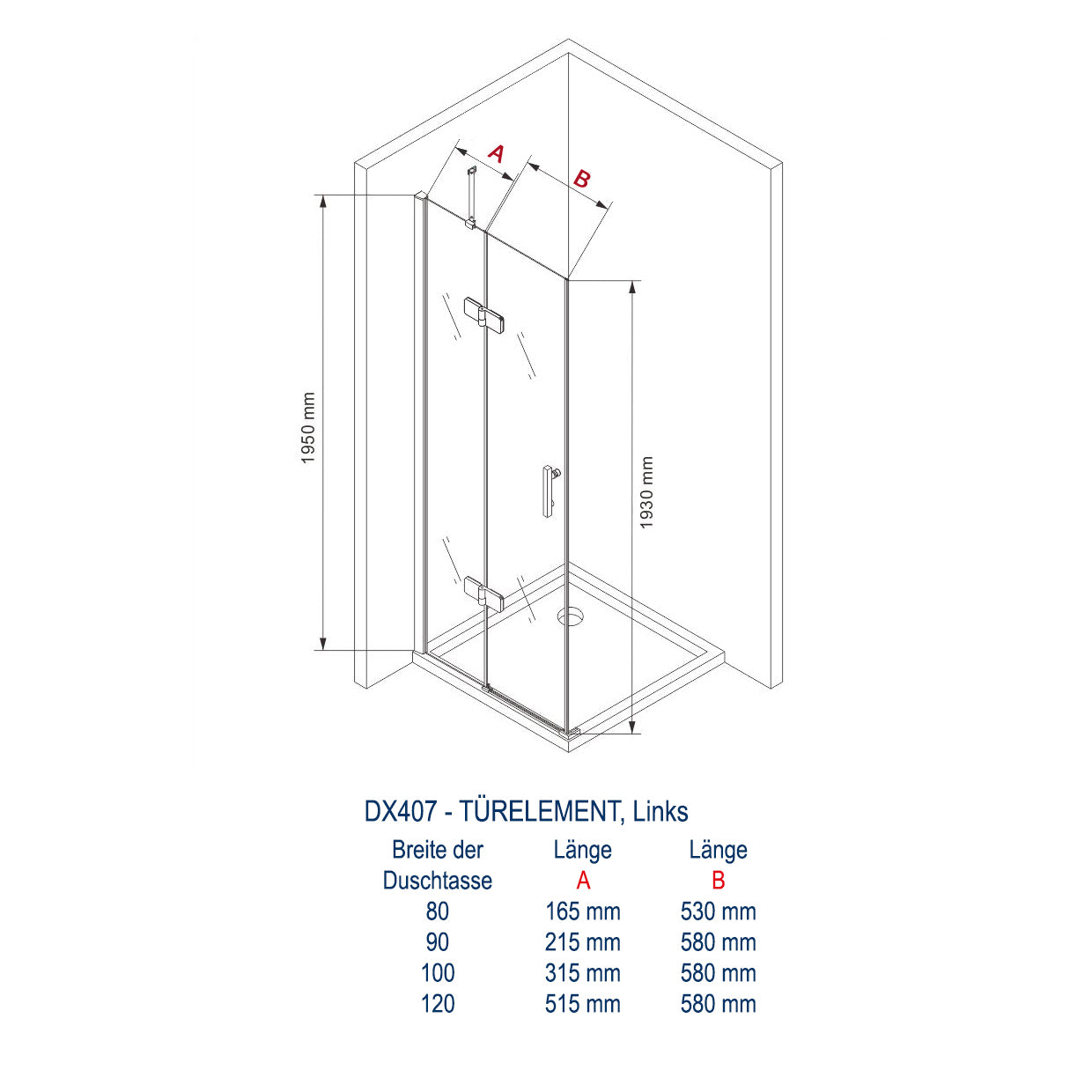 Brusekabinehjørne af 8 mm tykt hærdet sikkerhedsglas NANO transparent DX407 - bredde kan vælges 