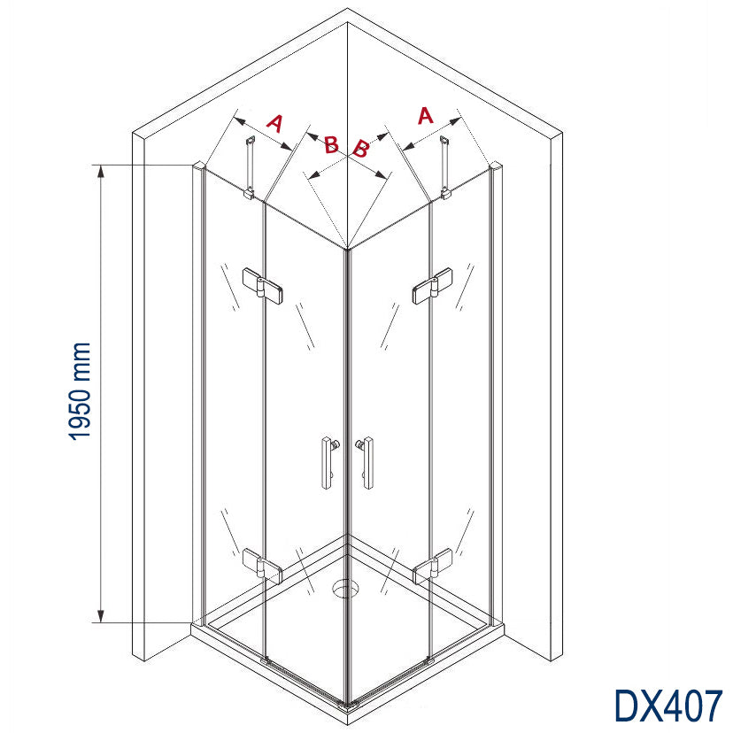 Brusekabinehjørne af 8 mm tykt hærdet sikkerhedsglas NANO transparent DX407 - bredde kan vælges 