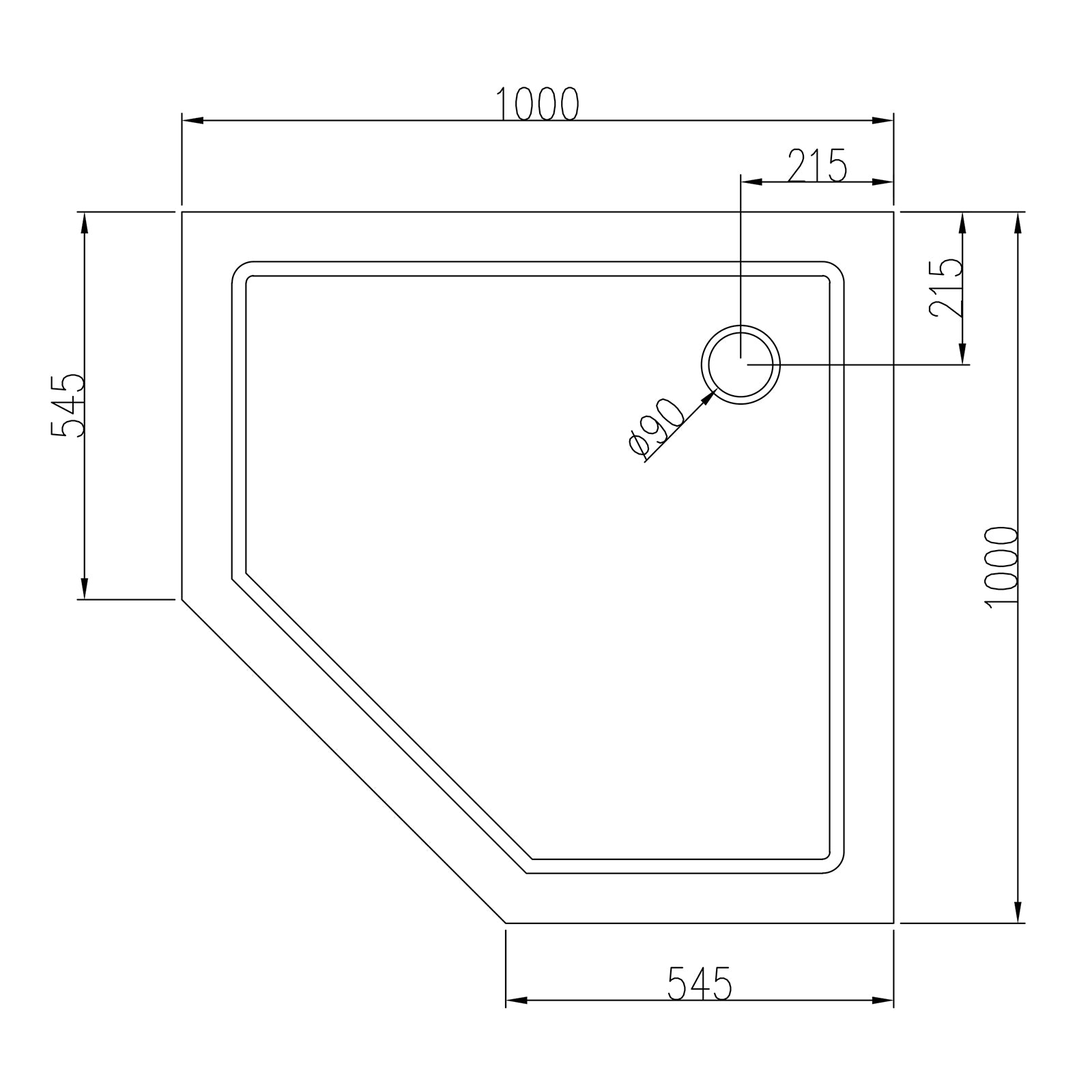 Femkantet brusekar 100 x 100 cm med propventil
