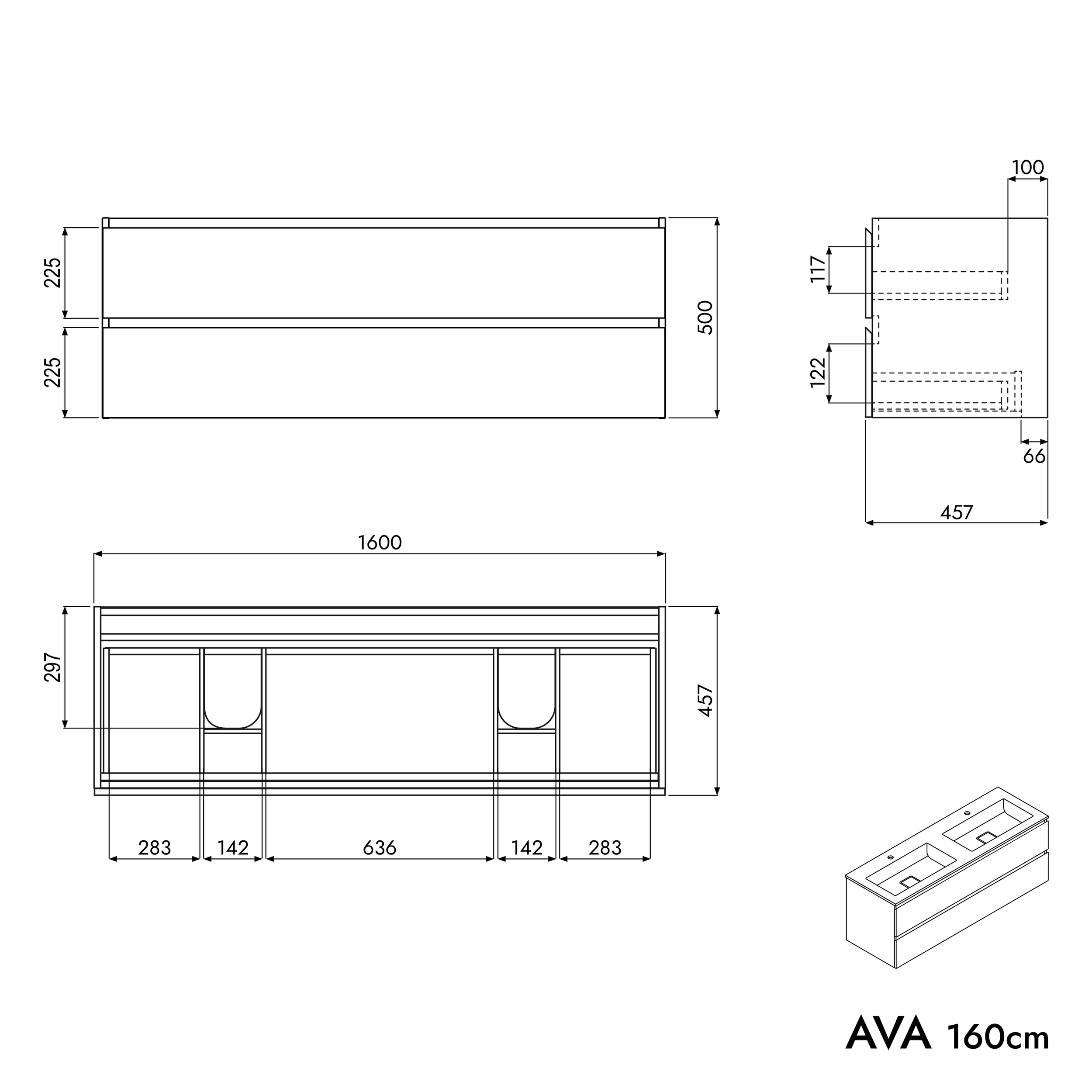 Vaskeskab AVA 160 cm med mineralstøbt håndvask BRUXELLES