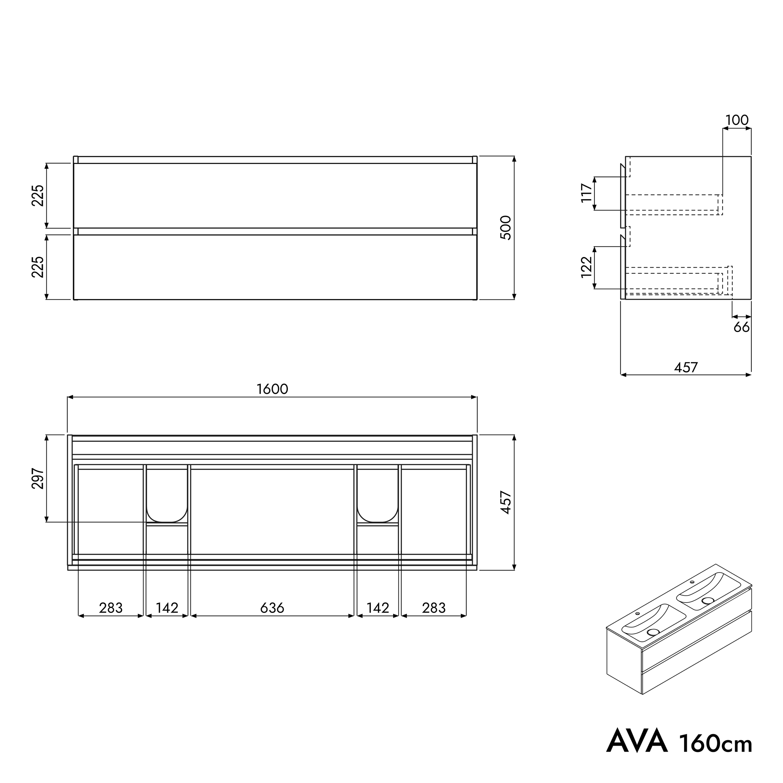 Vaskeskab AVA 160 cm med mineralstøbt håndvask CREAM 