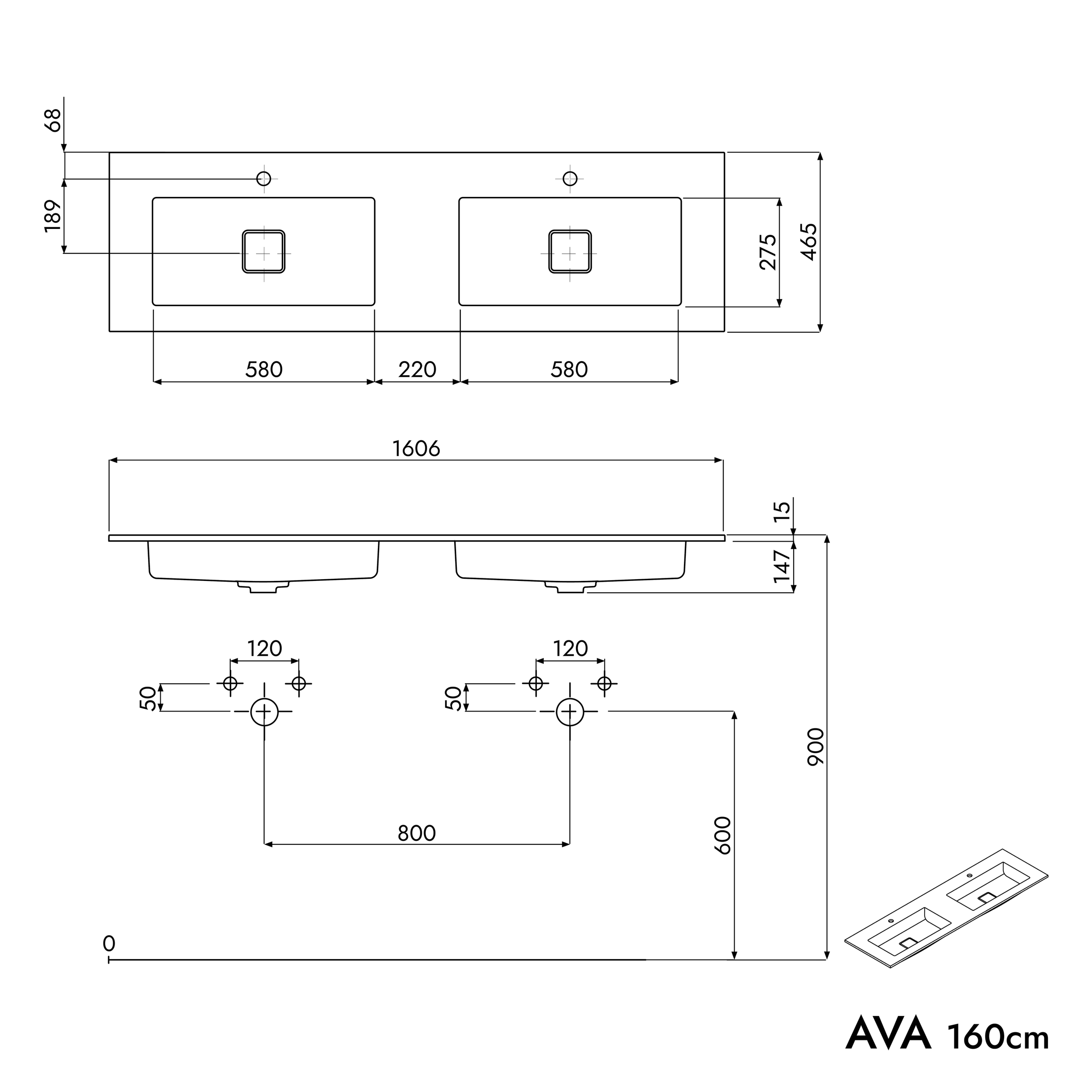 Vaskeskab AVA 160 cm med mineralstøbt håndvask BRUXELLES