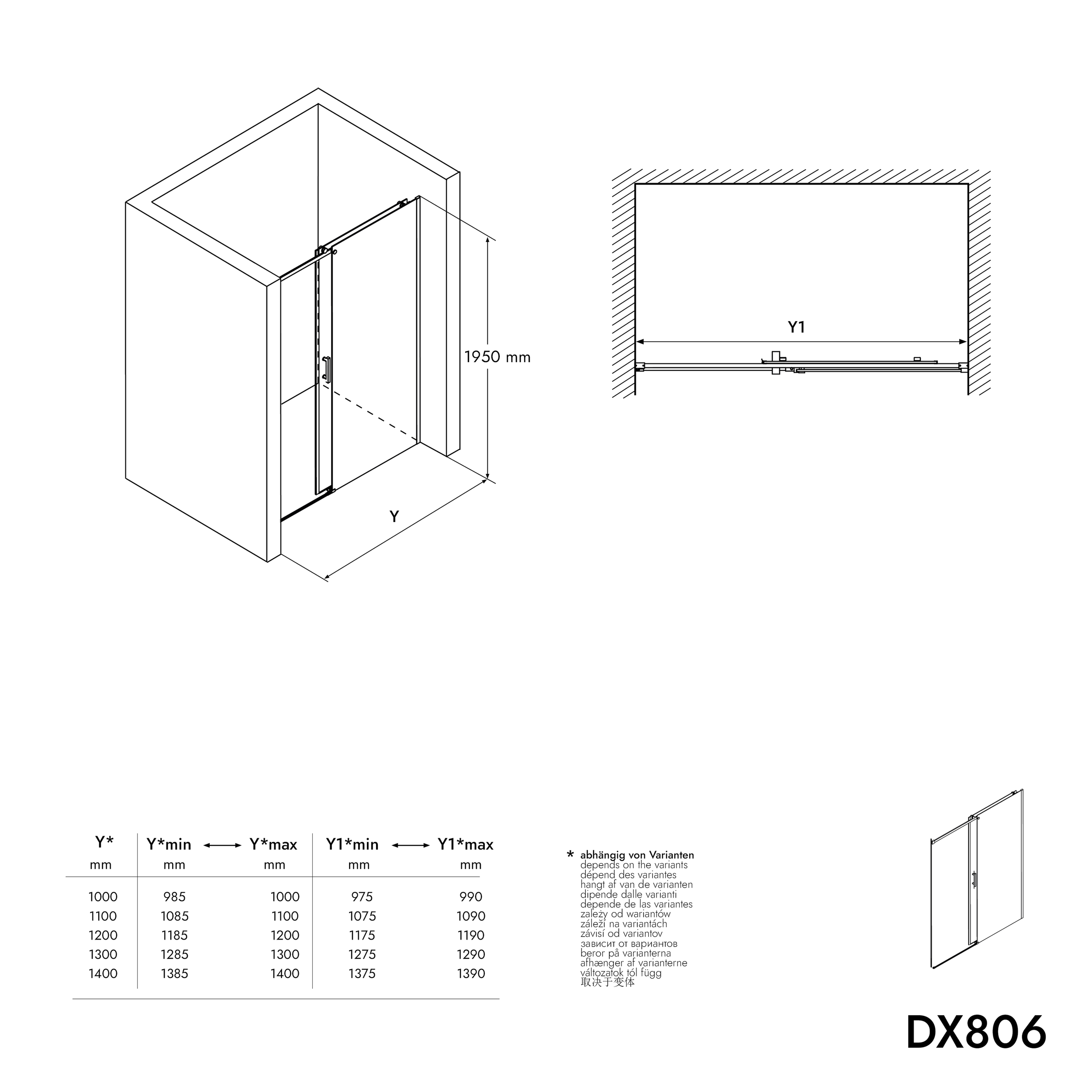 Bruseafskærmning med skydedør DX806A FLEX - gennemsigtigt sikkerhedsglas - bredde kan vælges