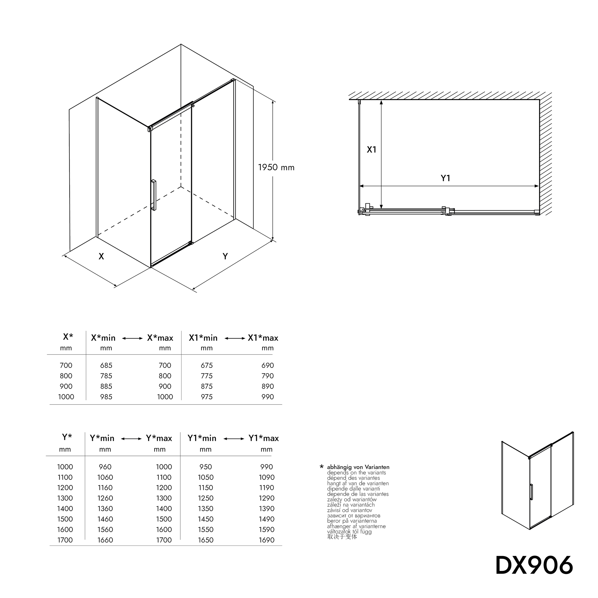 Soft-Close skydedør med brusebad og sidepanel DX906 FLEX - Matt Black profiler - 8 mm - valgfrie dimensioner