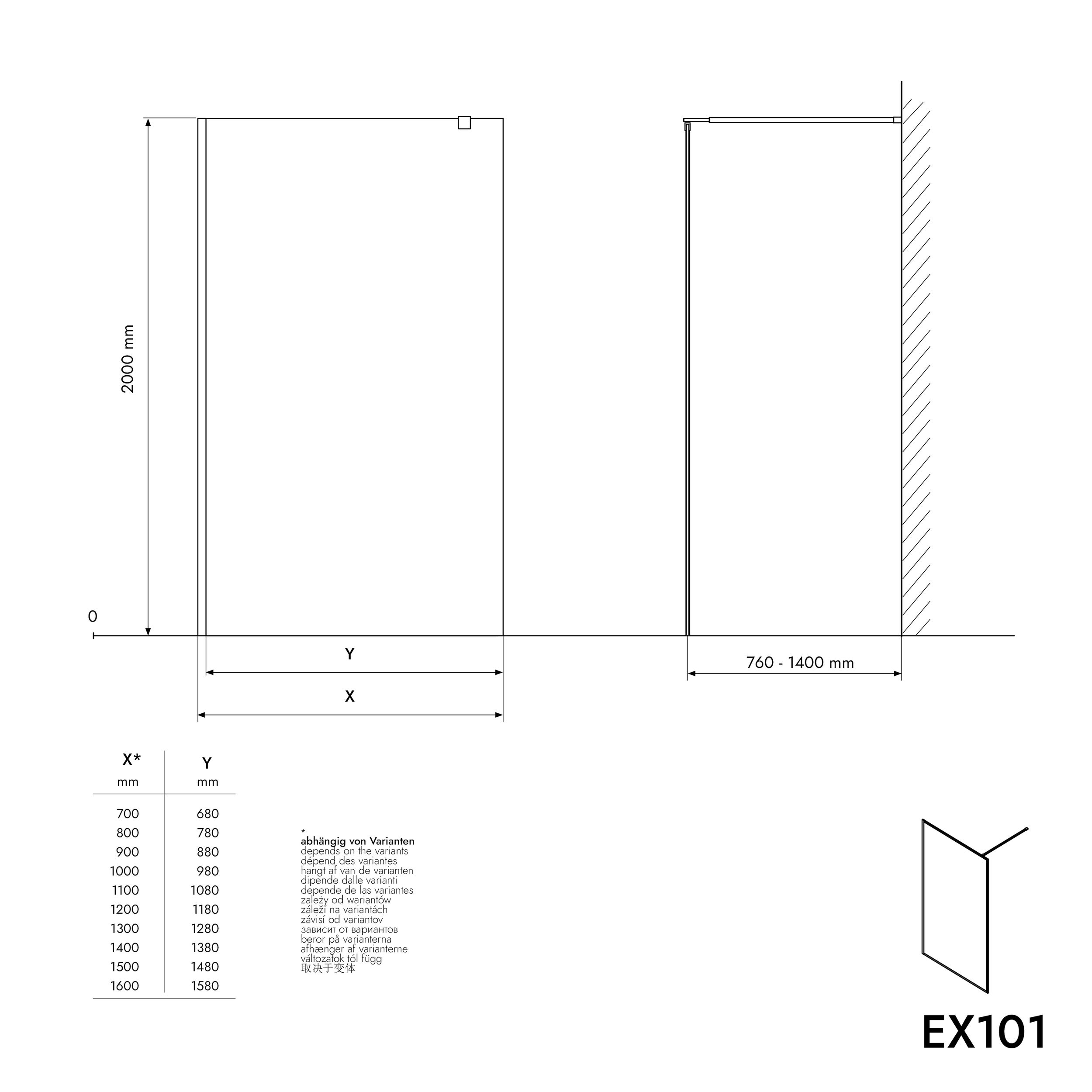 Brusekabine Walk-In Nano ægte glas EX101