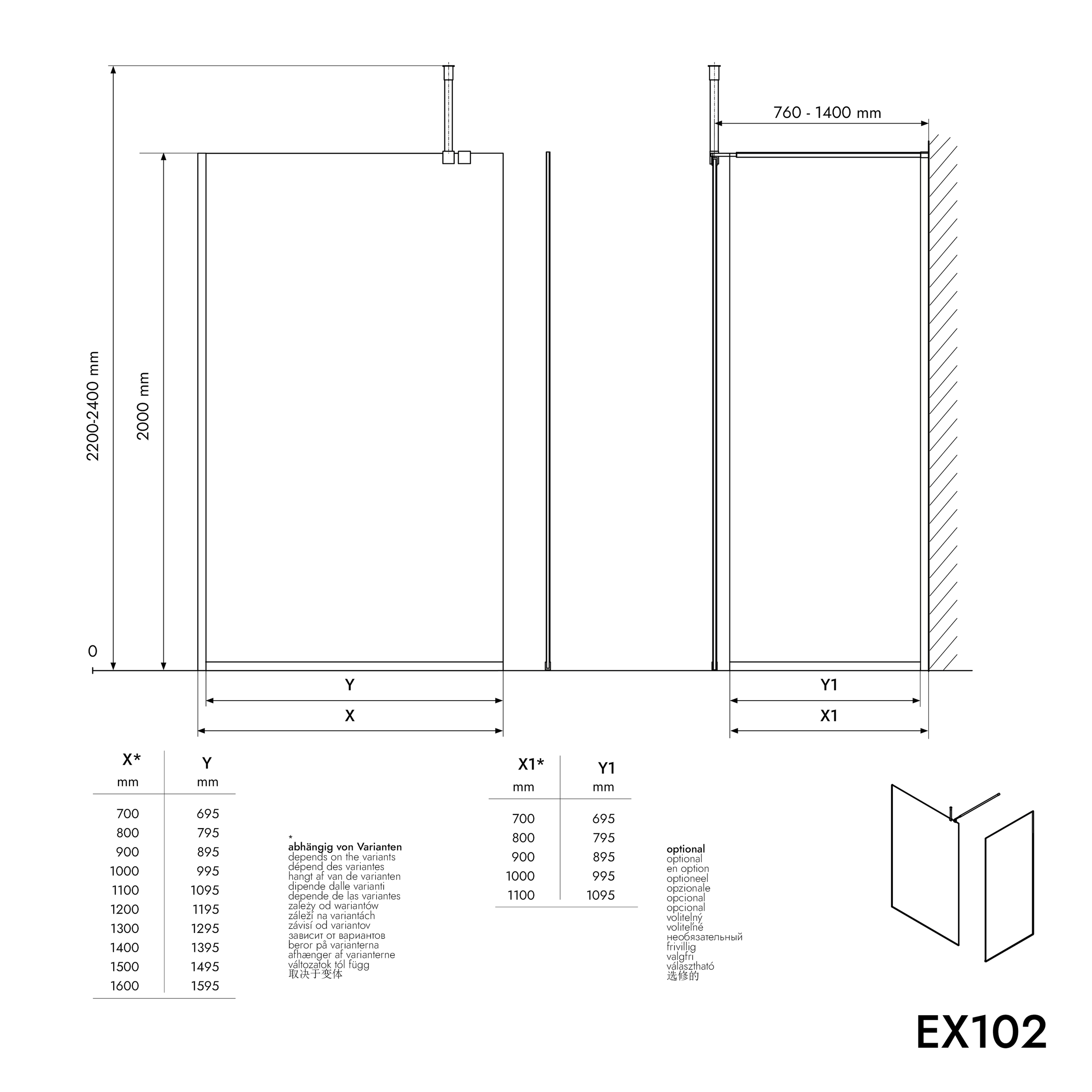 Walk-in Bruseafskærmning 10 mm nanogråt glas EX102 - 1 glasvæg rustfri stålprofil matsort - bredde kan vælges