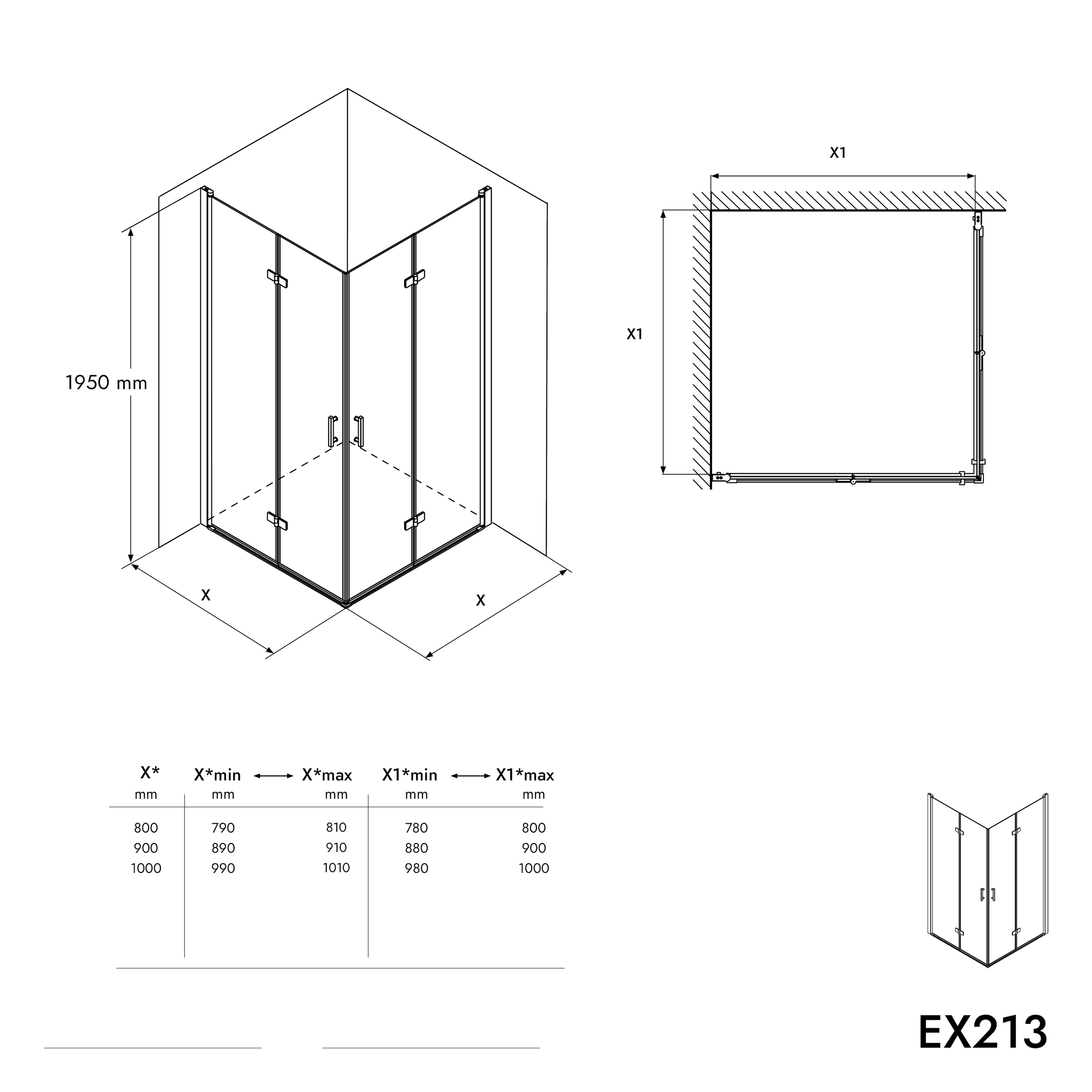 Foldevæg til brusebad, rigtigt NANO-glas EX213, 80 × 80 × 195 cm, uden brusebund