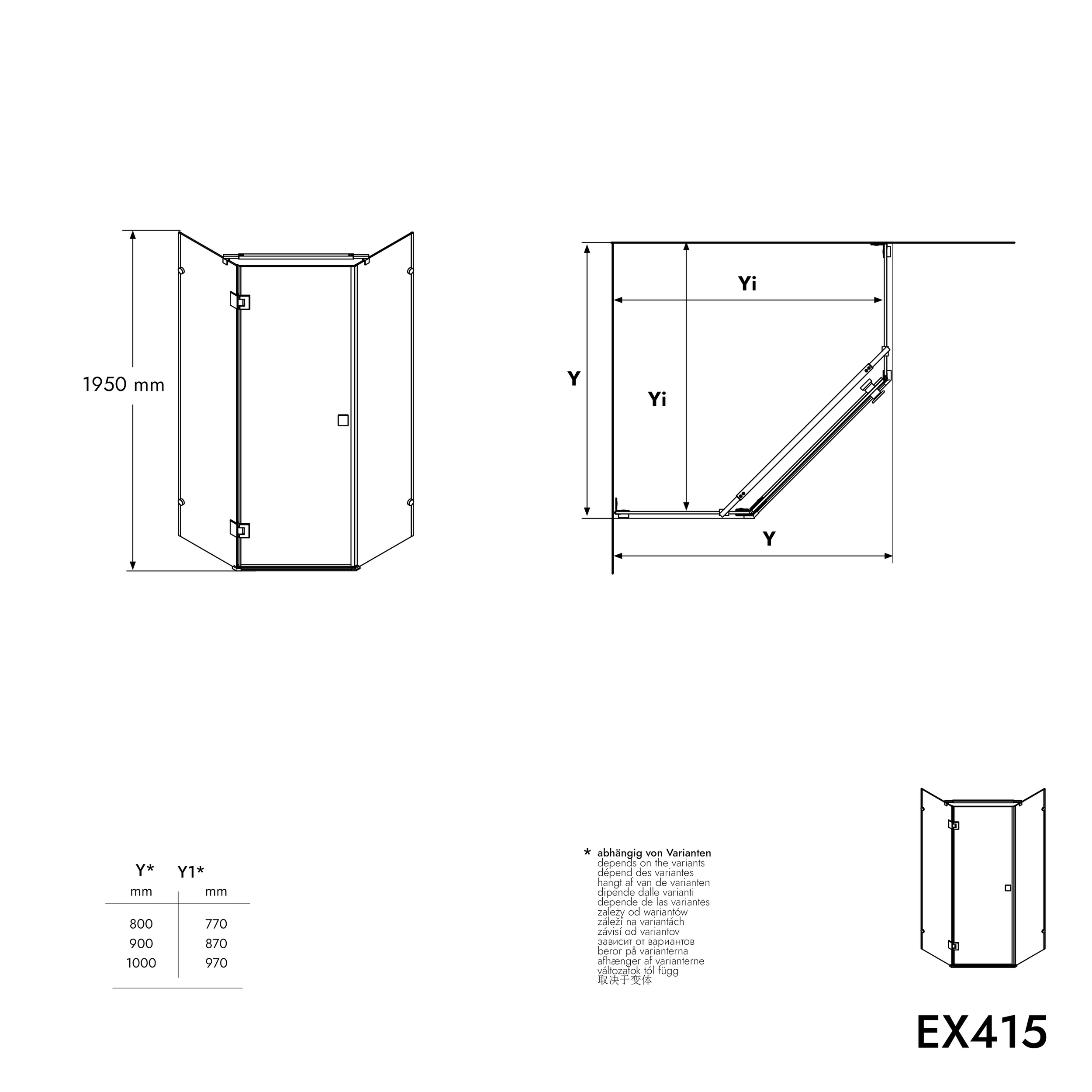 Brusebadsvæg uden femkantet ramme af ægte NANO-glas EX415, 90×90×195 cm