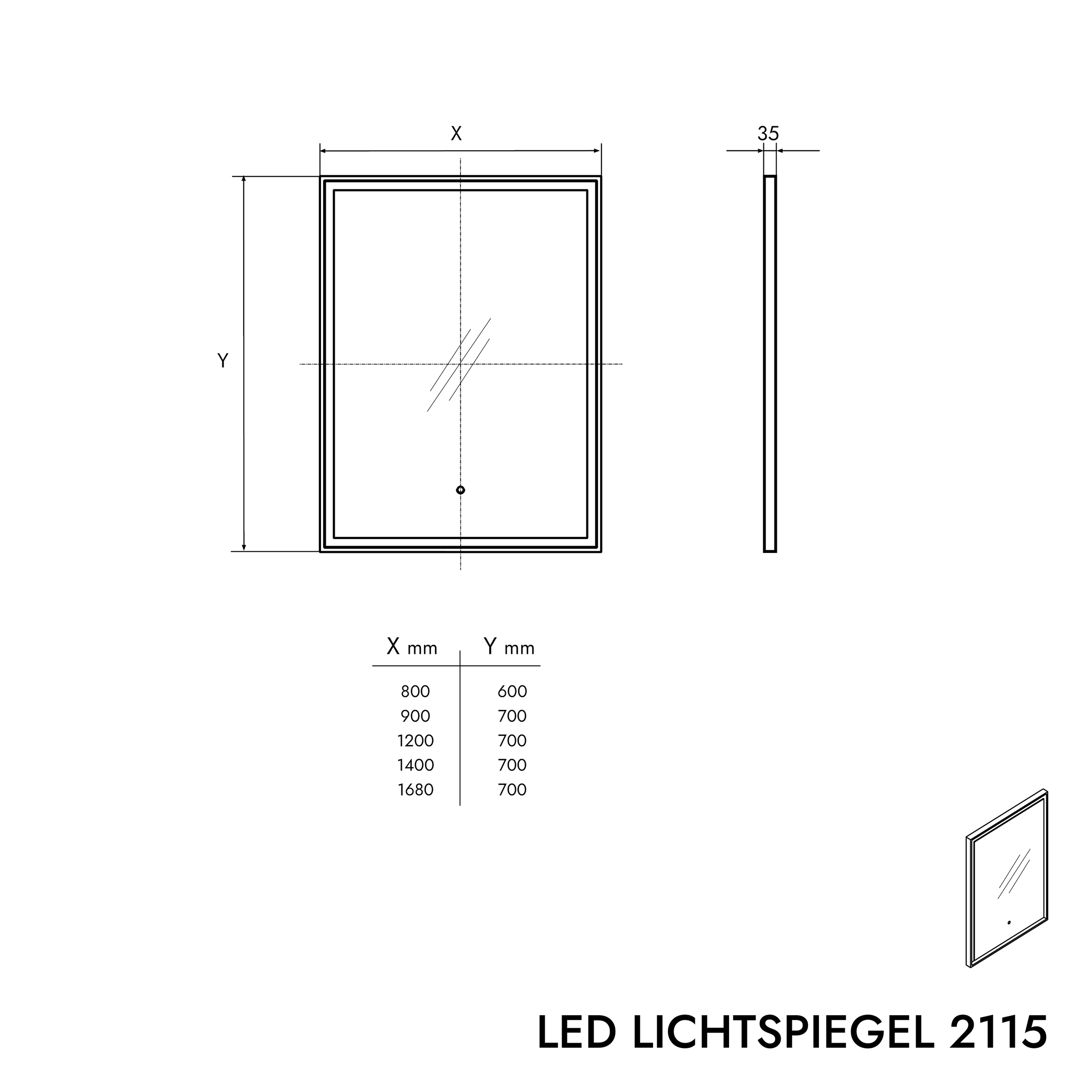 LED-belyst badeværelsesspejl 2115 Rektangulært