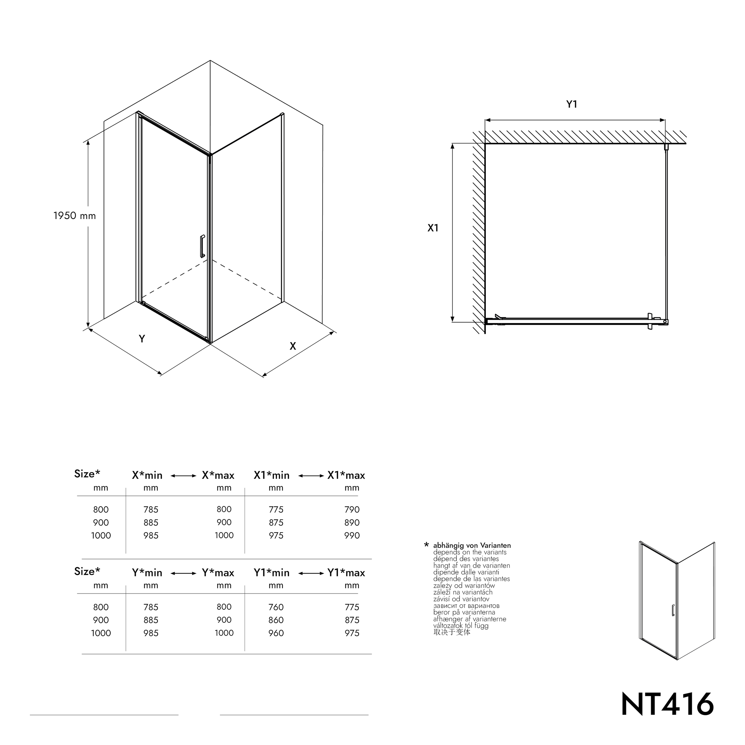 Brusebadsvæg, vinkel 8 mm af ægte NANO-glas EX416 transparent glas - 100 × 100 × 195 cm