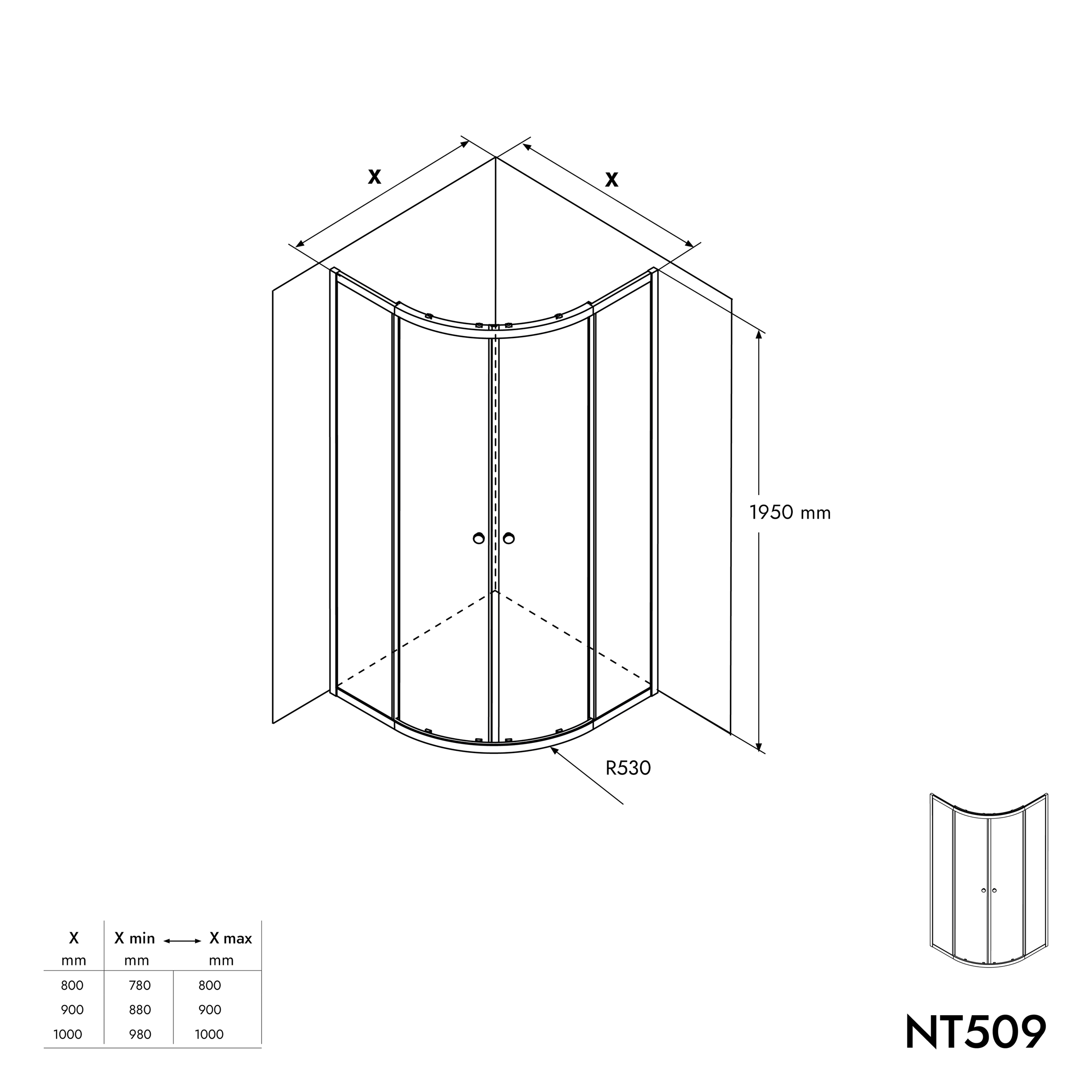 Brusekabine med kvartcirkel med skydedør NT509 - 6 mm nano klar glas - profilfarve og størrelse kan vælges 