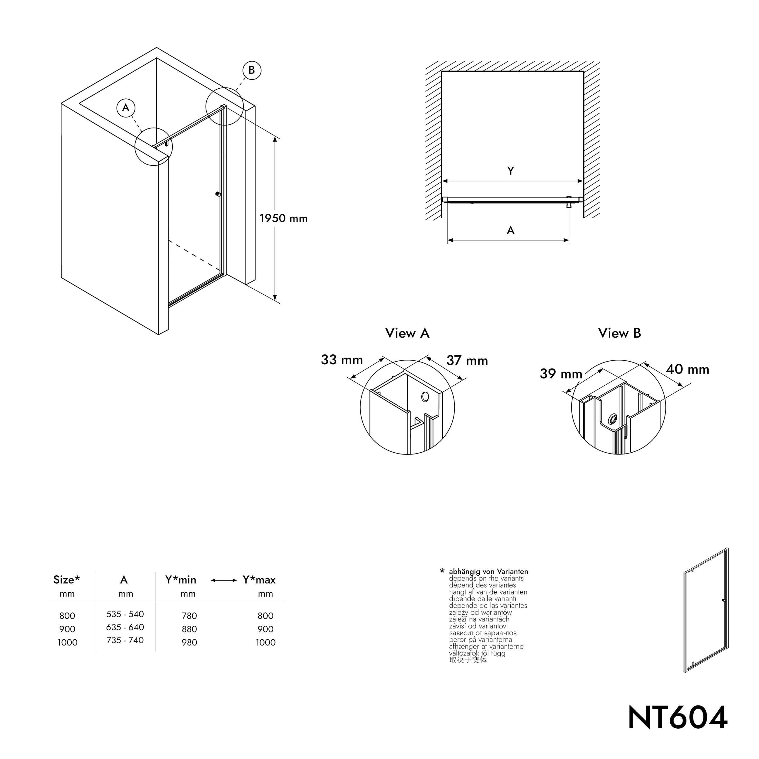 Niche-bruser med svingdør NT604 FLEX - 6 mm nano klar glas - profilfarve kan vælges
