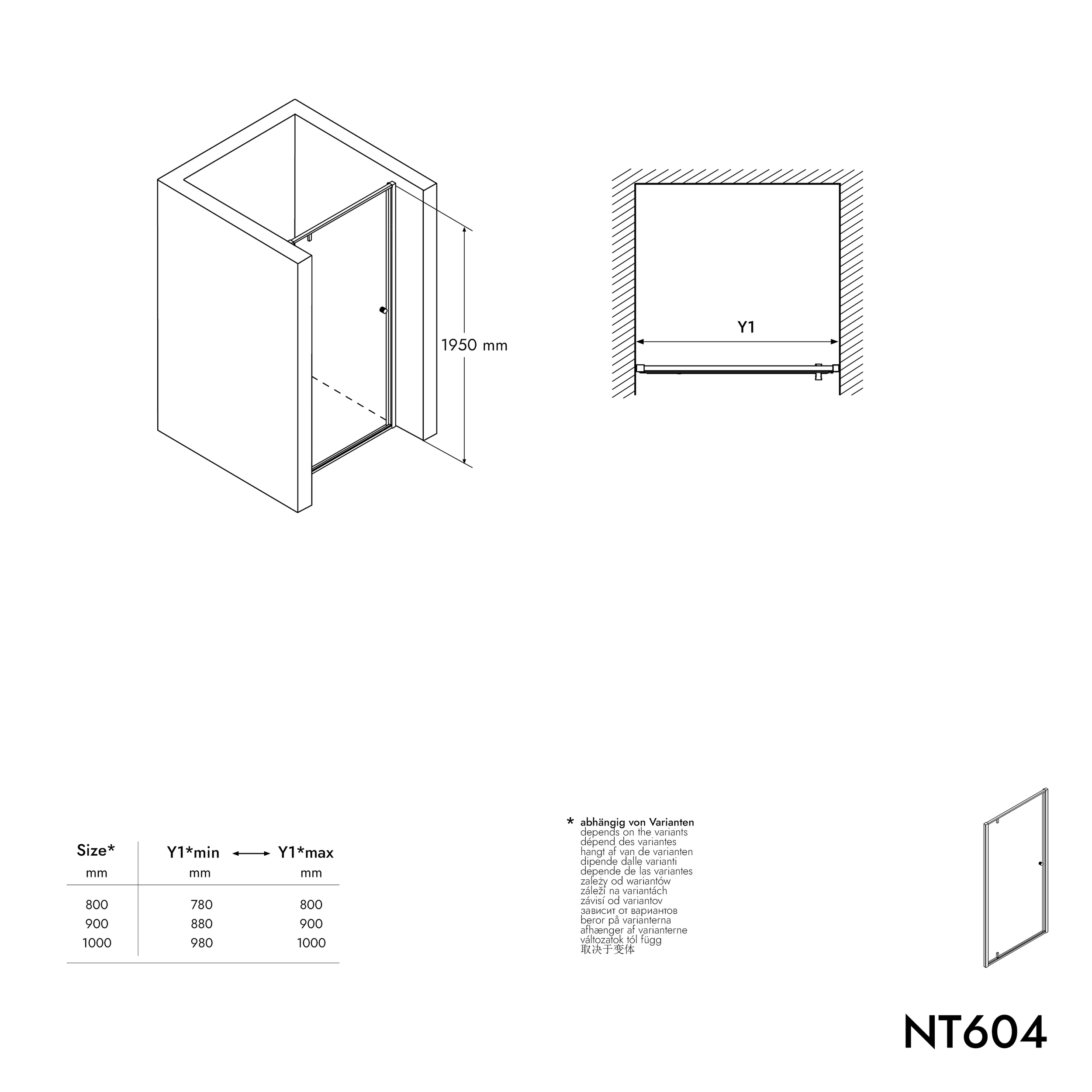 Niche-bruser med svingdør NT604 FLEX - 6 mm nano klar glas - profilfarve kan vælges