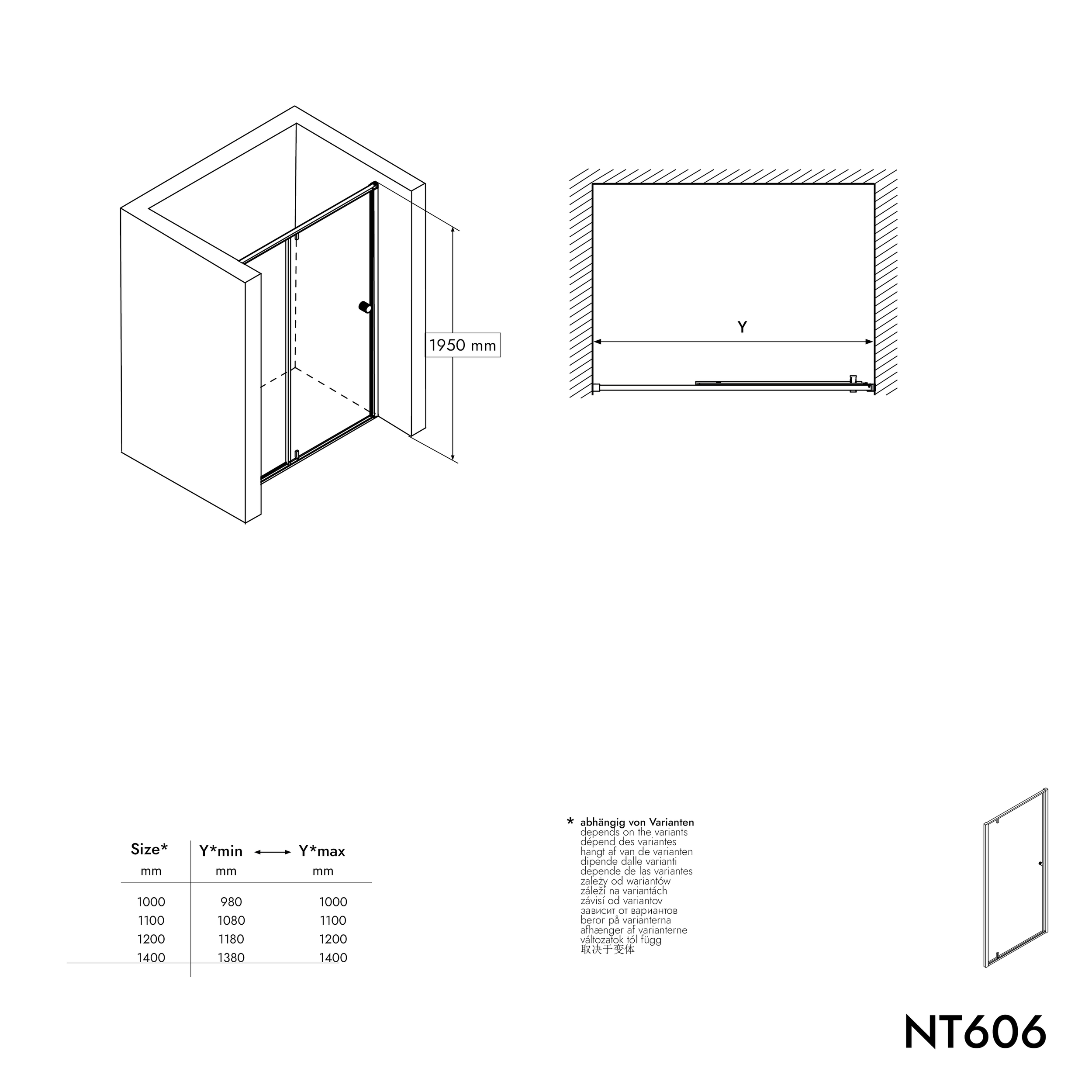 Niche-bruser med svingdør på fast panel NT606 FLEX - 6 mm nano klar glas - profilfarve kan vælges