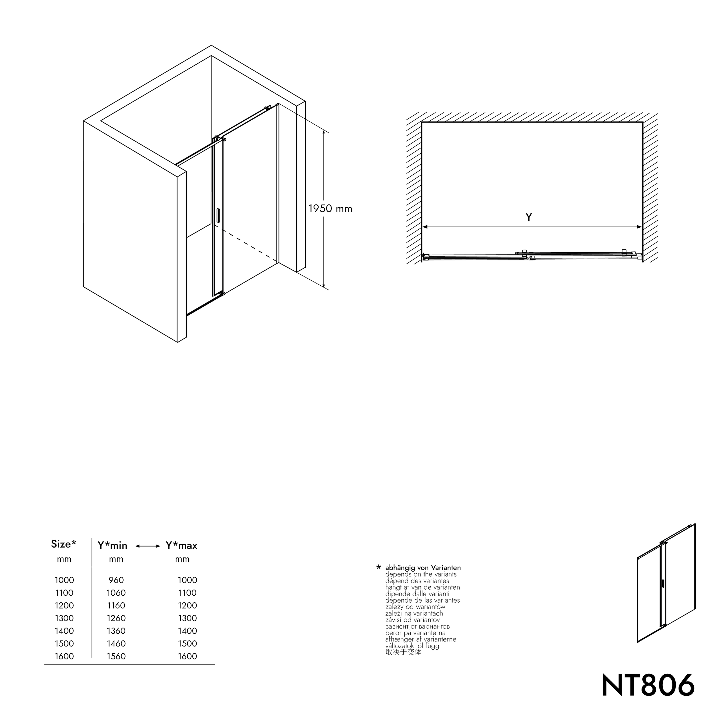 Bruseniche med skydedør NT806 FLEX - Nano klart glas - glastykkelse kan vælges