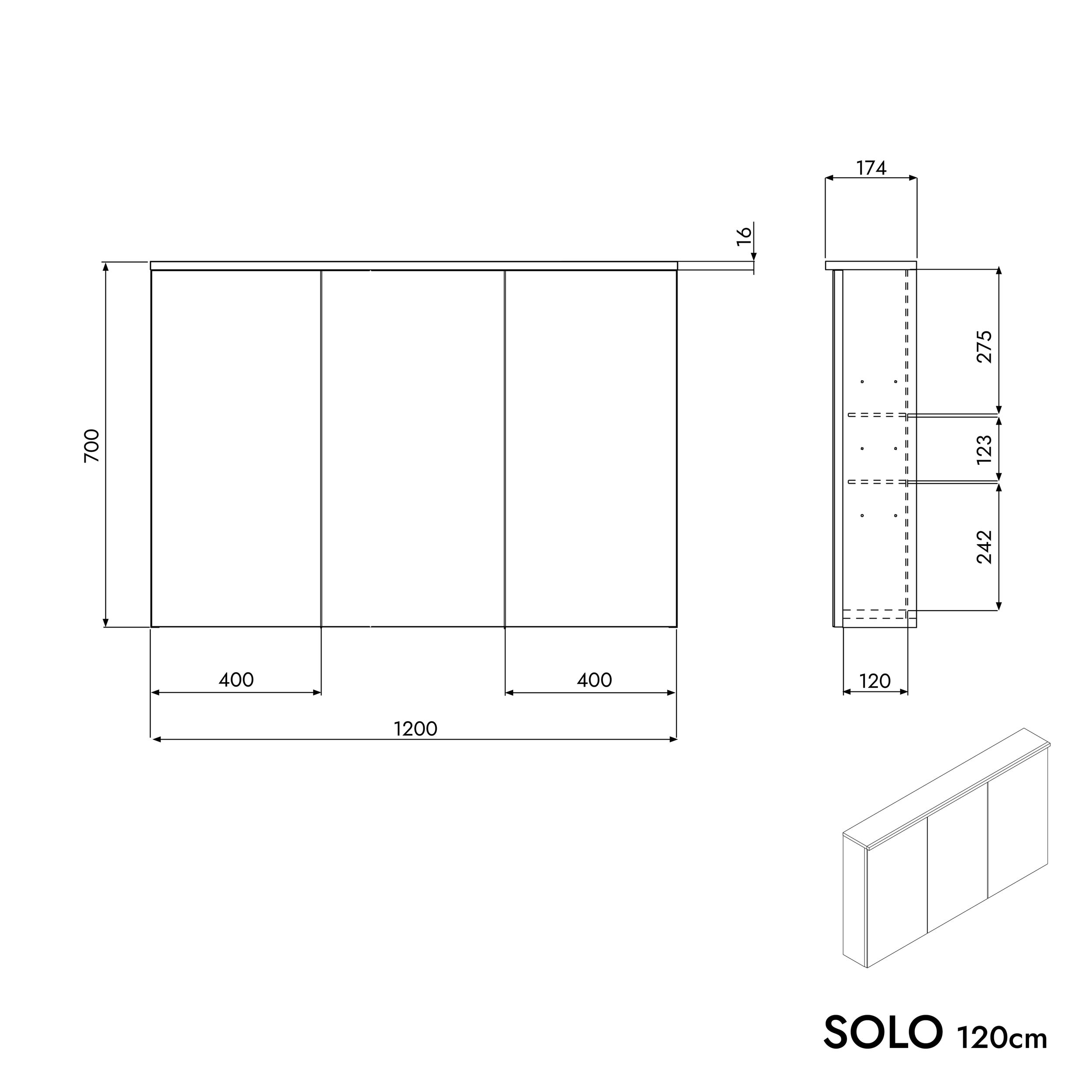 SOLO spejlskab med LED-belysning - 120 cm - 3 døre - farve valgbar